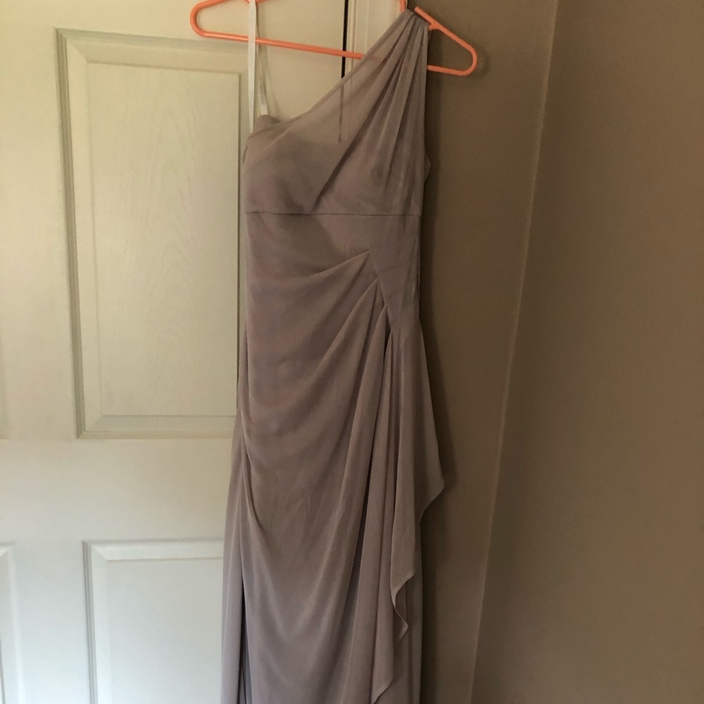 David’s Bridal bridesmaid dress in biscotti